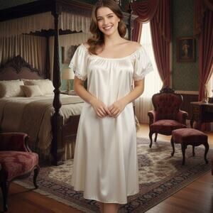 Vintage 80s Satin Lace Slip Dress Nightgown Cream Sleep Dress Scoop Neck Nightie